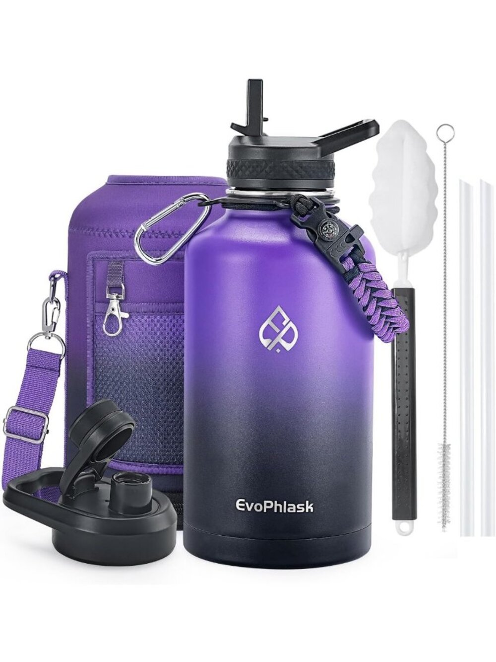 64 oz Insulated Water Bottle with Carrier Bag - Durable, Stylish, Purple/Black
